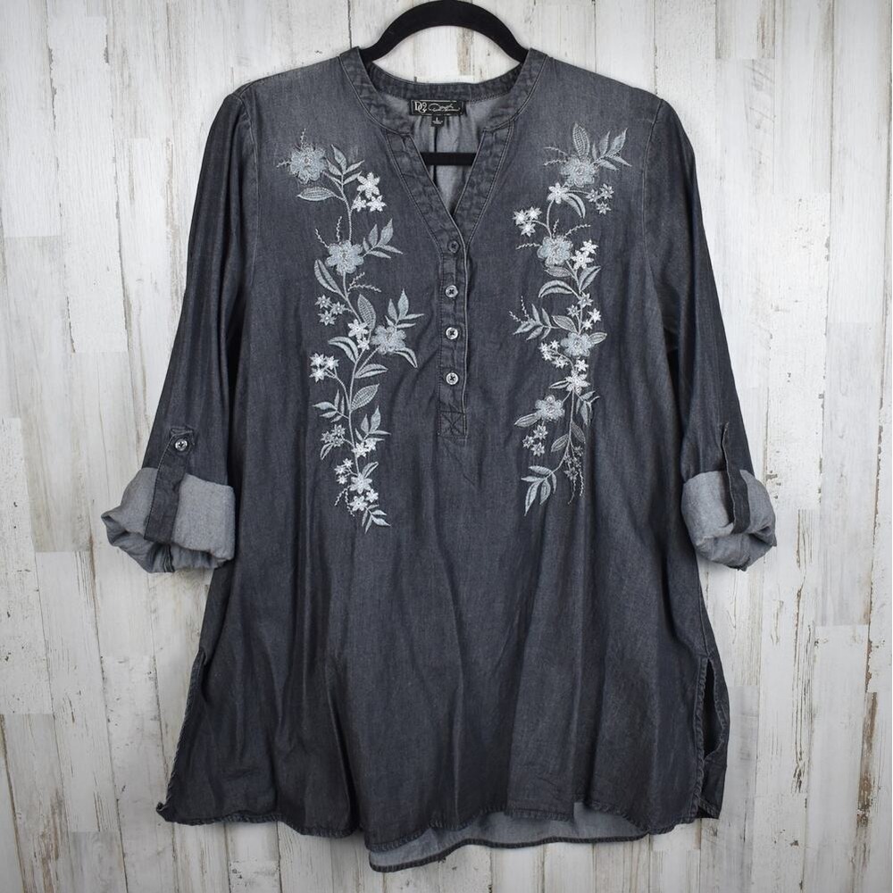 DG2 Diane Gilman Boho Blouse Large Gray Floral Embroidered Henley Roll Tab Shirt